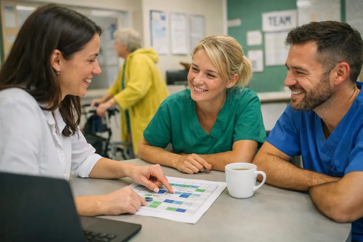 Planner in een zorgorganisatie bespreekt een eerlijk rooster met zorgmedewerkers