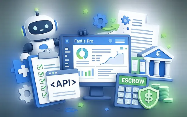 Illustratie van het Fastis Pro-pakket: API-koppelingen, AI-planner en ESCROW